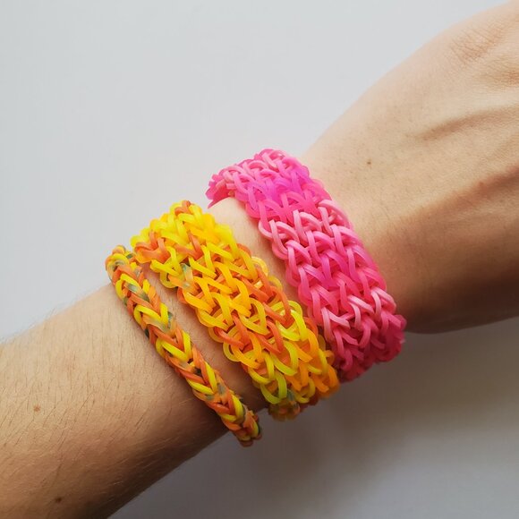 Handmade Festive Neon Pink and Orange Rainbow Loom bracelets - Picture 2 of 3